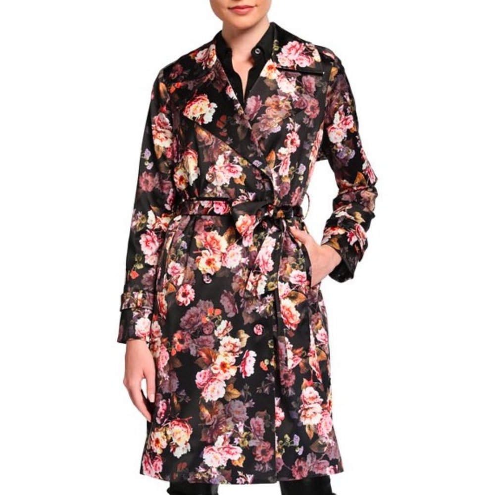 NWT L’AGENCE Black Atticus Floral Print Trench Coat M